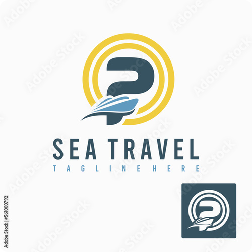 Initial P Letter with Ship Marine, Wave and Sun Icon for Travel Holiday Agency Business Logo Idea Template