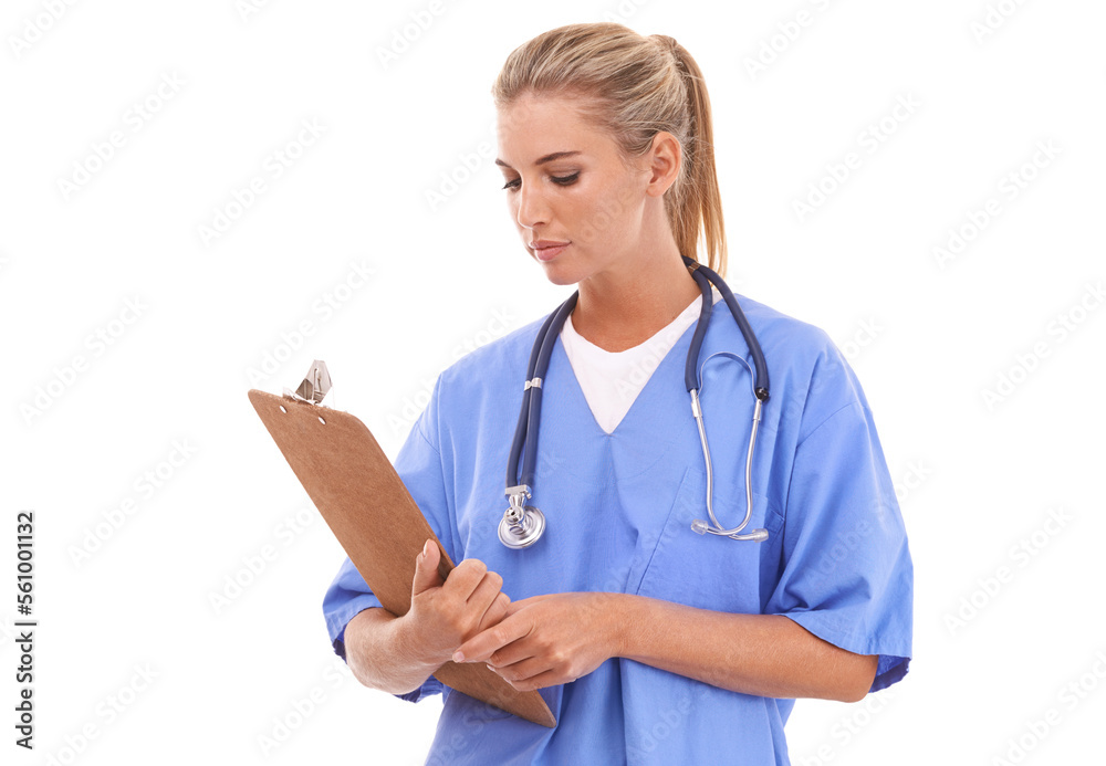 Healthcare, doctor and woman with clipboard in studio with paper form for planning on white background. Nurse, chart and health expert reading medical documents for hospital or clinic while isolated Healthcare, doctor and woman with clipboard in studio with paper form for planning on white background. Nurse, chart and health expert reading medical documents for hospital or clinic while isolated