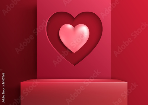 Happy valentine day 3D realistic red podium platform with pink heart on red background