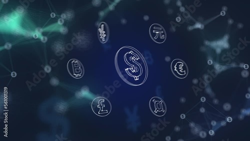 Wallpaper Mural Transparent dollar sign in the center. Rotating symbols of the world's popular money on an abstract blue background with plexus lines. Torontodigital.ca