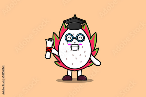 Cute cartoon Dragon fruit student character on graduation day with toga in concept flat cartoon style