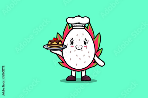 Cute Cartoon chef Dragon fruit character serving cake on tray cute style design flat cartoon style