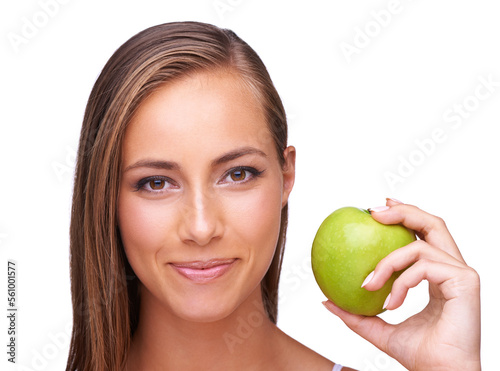Apple, wellness and portrait of woman on a white background for healthy lifestyle, cosmetics and wellbeing. Diet, digestion and face of girl with fruit for organic products, vitamins and nutrition