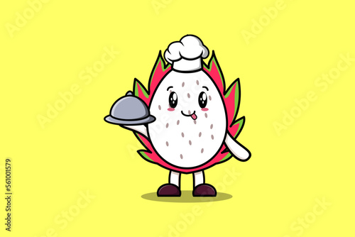 Cute Cartoon chef Dragon fruit mascot character serving food on tray cute style design illustration