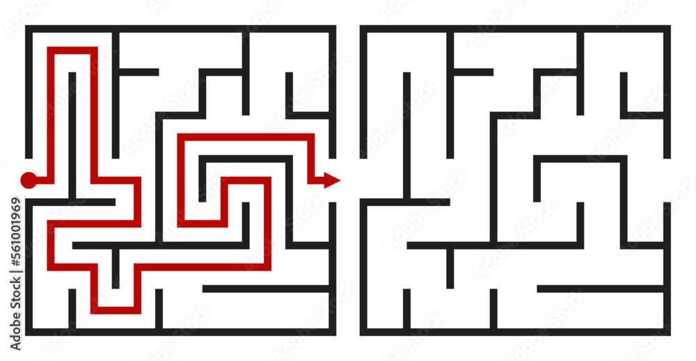 Abstract maze. Find right way. Isolated simple square maze black line on white background. Vector illustration. Abstract maze. Find right way. Isolated simple square maze black line on white background. Vector illustration.