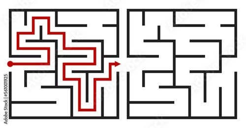 Abstract maze. Find right way. Isolated simple square maze black line on white background. Vector illustration.