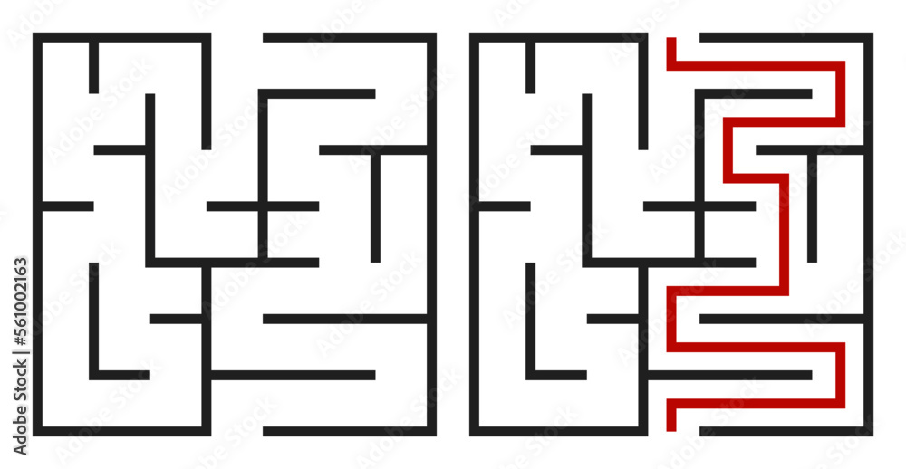 Abstract maze. Find right way. Isolated simple square maze black line on white background. Vector illustration.