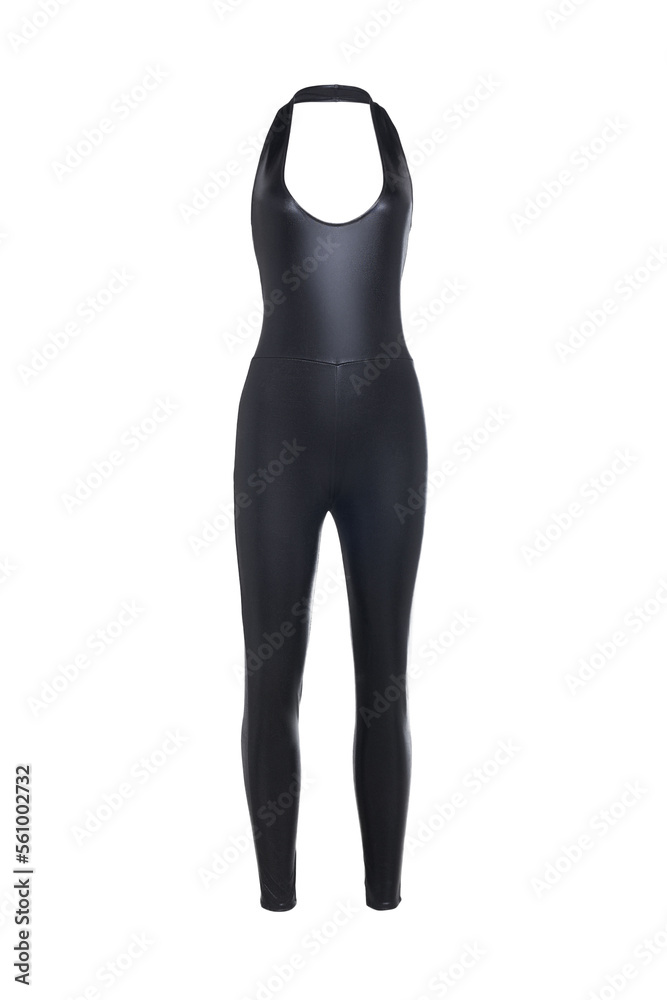 Detail shot of a tight black latex jumpsuit with a neck strap and open breasts. The sexy tight-fitting clothes are isolated on the white background. Front view. Detail shot of a tight black latex jumpsuit with a neck strap and open breasts. The sexy tight-fitting clothes are isolated on the white background. Front view.