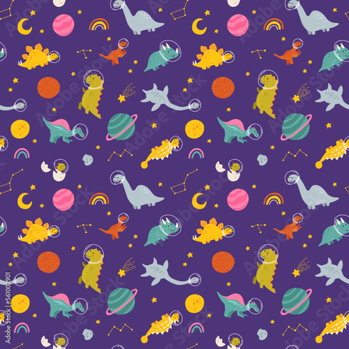Dino in space seamless pattern. Cute dragon characters, dinosaur traveling galaxy with stars, planets. Kids cartoon vector background. Illustration of astronaut dragon, kids wrapping with cosmic dino