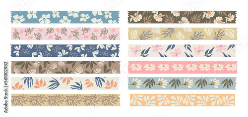Washi tapes flowers collection. Colorful scrapbook stripes, sticky label tags and decorative scotch strip with floral abstract elements. Transparent background. PNG. Digital stickers for planner