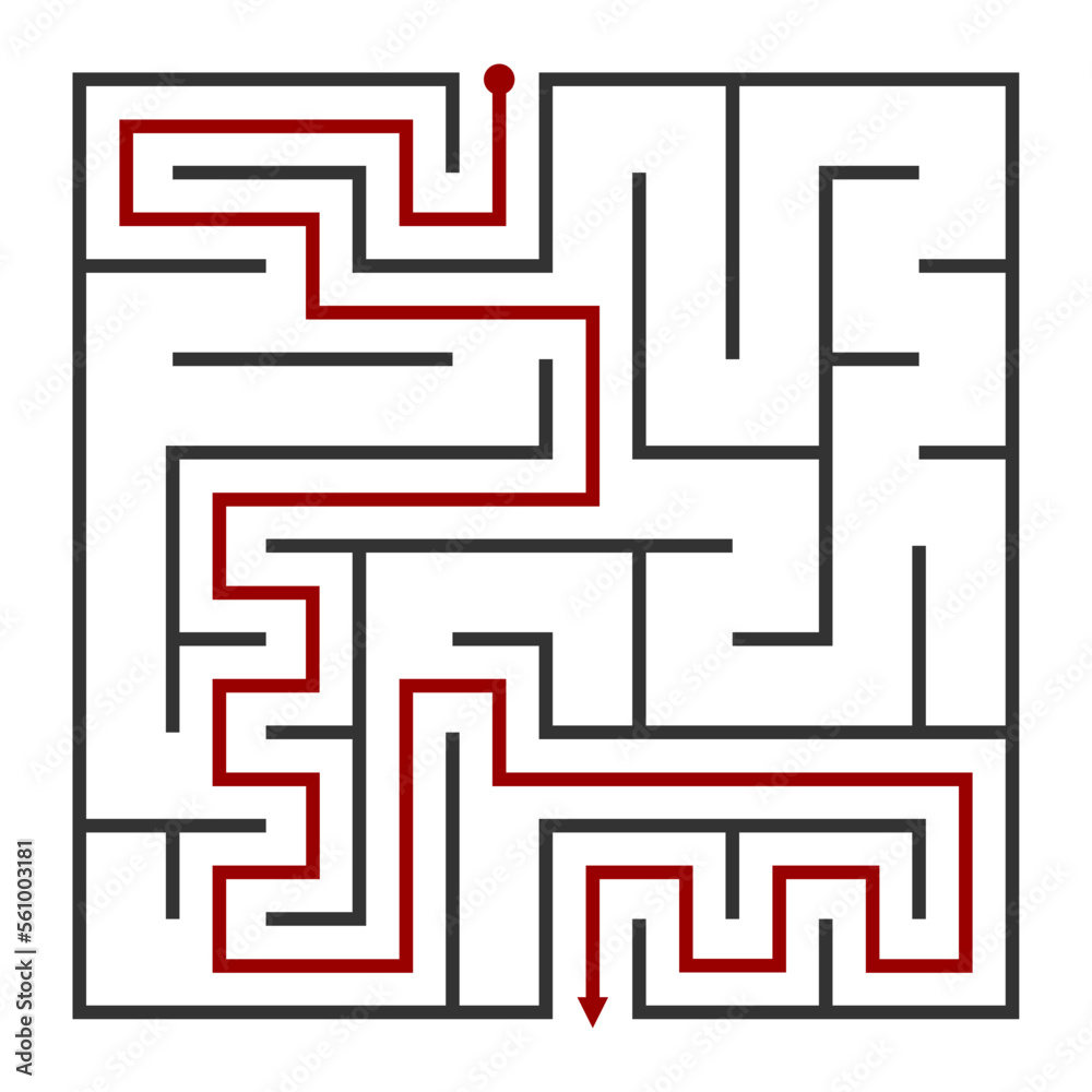 Abstract maze. Find right way. Isolated simple square maze black line on white background. Vector illustration. Abstract maze. Find right way. Isolated simple square maze black line on white background. Vector illustration.