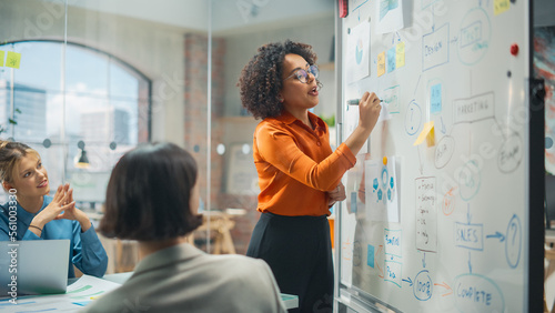 e-Business Technology Conference Presentation: Expressive, Female, Black Tech Engineer Pitching Revolutionary Innovative Product. Whiteboard Shows Graphs, Infographics, AI, Big Data, Mindmapping