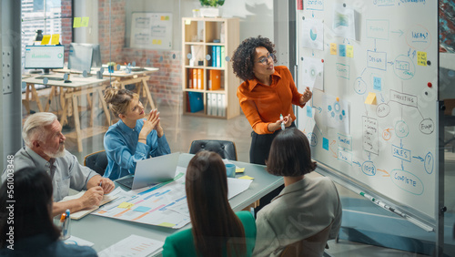 Tableau sur toile Diverse Modern Office: Black Businesswoman Leads Business Meeting with Managers, Talks, Explains Statistics, Uses a Whiteboard with Graphs, Big Data
