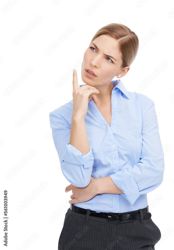 Business woman, thinking and confused about question while isolated on a white background. Face of a female entrepreneur in studio to think about solution, idea or choice for mockup advertising Business woman, thinking and confused about question while isolated on a white background. Face of a female entrepreneur in studio to think about solution, idea or choice for mockup advertising