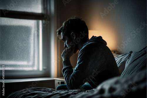 Obraz na płótnie Depressed man losing his job and heartbroken sitting alone in bed near a window in dark with the low light environment, PTSD Mental health, and depression concept