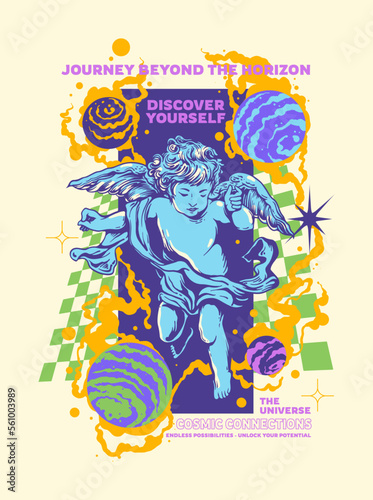 Design for a poster featuring an angel illustration with mystic smoke and cosmic abstract planets, including a slogan print