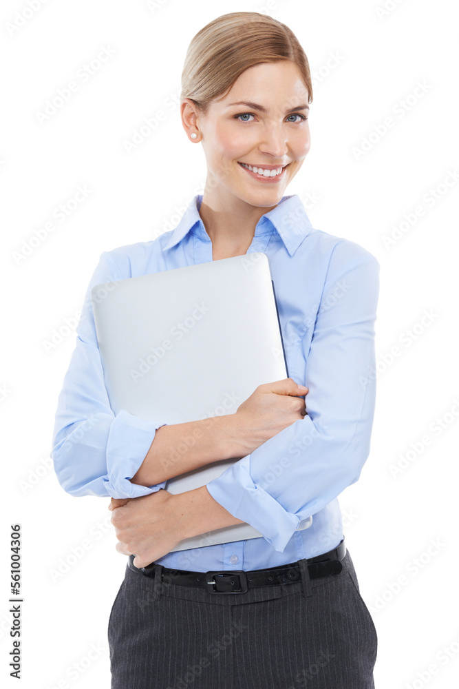 Corporate, worker and business woman with laptop in portrait, technology and internet network on white background. Company communication, email and employee work, happy professional female with tech Corporate, worker and business woman with laptop in portrait, technology and internet network on white background. Company communication, email and employee work, happy professional female with tech