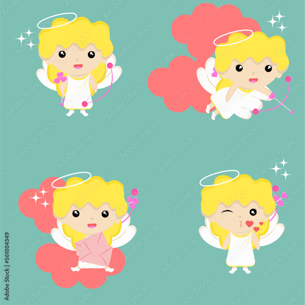 Cute cartoon valentine's angel girl set with bow and arrow Cute cartoon valentine's angel girl set with bow and arrow