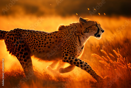 Cheetah running in South Africa meadow with yellow grass and golden sunlight background. Generative AI