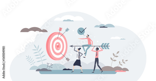 Aim to target as business teamwork effort and goal focus tiny person concept, transparent background. Company growth and successful strategy management.