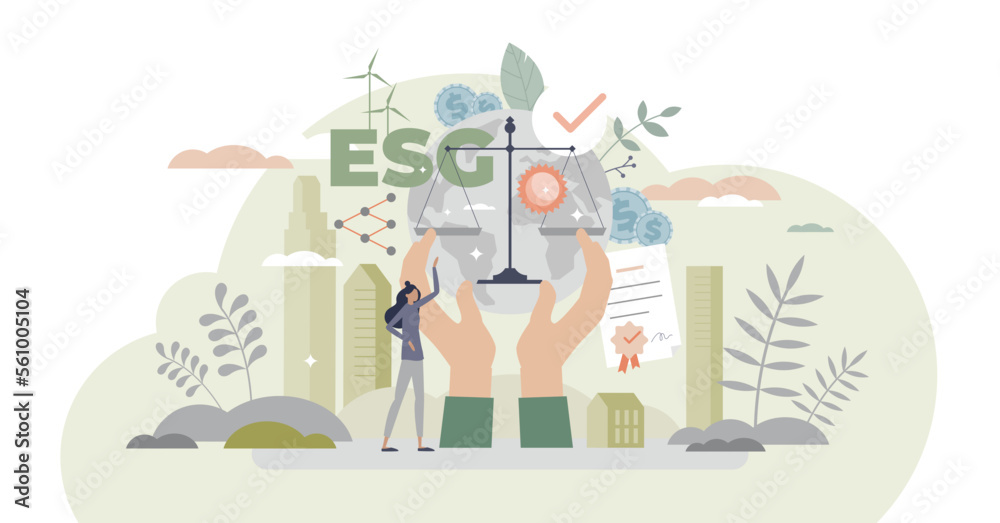 ESG as environmental social governance business model tiny person concept, transparent background. Sustainable and green company resources usage commitment. - obrazy, fototapety, plakaty 