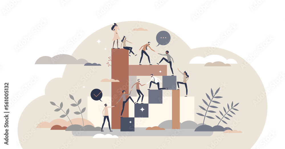 Helping to reach goal as teamwork power with partners tiny person concept, transparent background.Common target collaboration with business partnership strategy illustration.