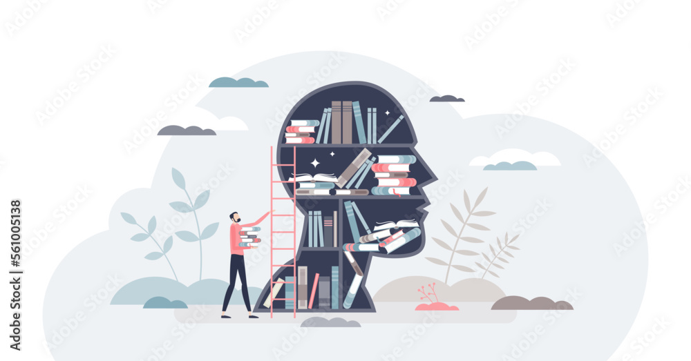 Knowledge or education as intelligence mind experience tiny person concept, transparent background. Information base as book library in head illustration. Brain and mind training. - obrazy, fototapety, plakaty 
