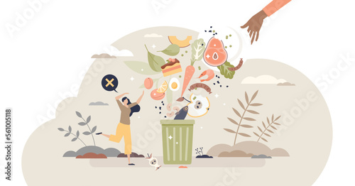 Food waste and meal leftovers garbage reduce awareness tiny person concept, transparent background. Throw away groceries in trash after shelf life end illustration.