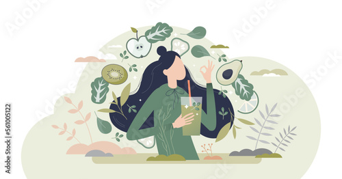 Green smoothie as healthy diet cocktail for slimming tiny person concept, transparent background. Vegan detox food and drink in glass as organic and vitamin full beverage from straw illustration.