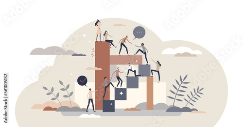 Helping to reach goal as teamwork power with partners tiny person concept, transparent background.Common target collaboration with business partnership strategy illustration.