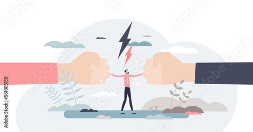 Mediation as conflict compromise and solution management tiny person concept, transparent background. Disagreement and fight communication settlement with help from third party illustration.