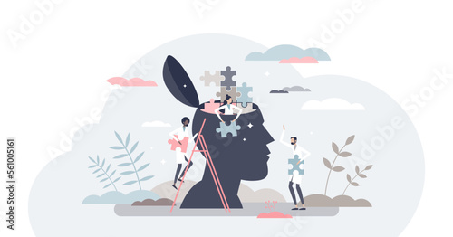 Mental health and negative sick mind thought treatment tiny person concept, transparent background. Emotional disorder and psychology doctor help with therapy and trouble research illustration.