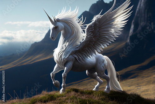 White unicorn with wings on the top of mountain background. Generative AI