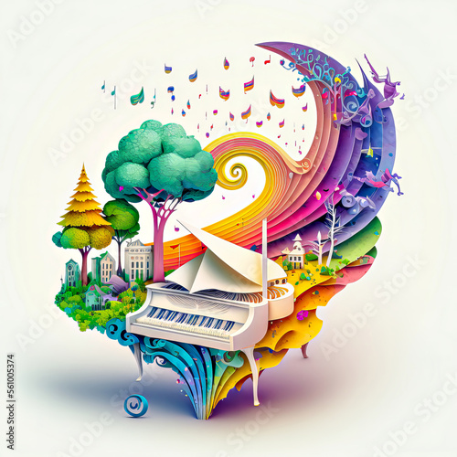 hand-drawn illustration of a white piano in nature with trees on a rainbow, cartoon style