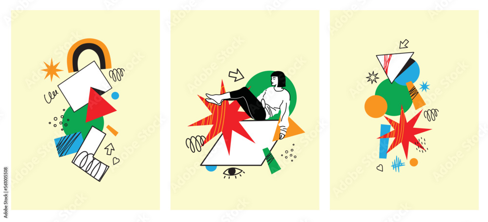 Outline characters, people in different poses and various geometric shapes and colorful abstract figures. Different mood, positions. Hand drawn vector illustration