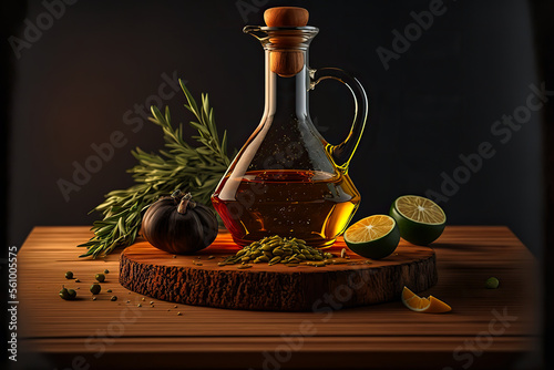 Oil olive in a glass jug on a wooden chopping board with scattered ingredients around it photo