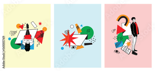 Outline characters  people in different poses and various geometric shapes and colorful abstract figures. Different mood  positions. Hand drawn vector illustration