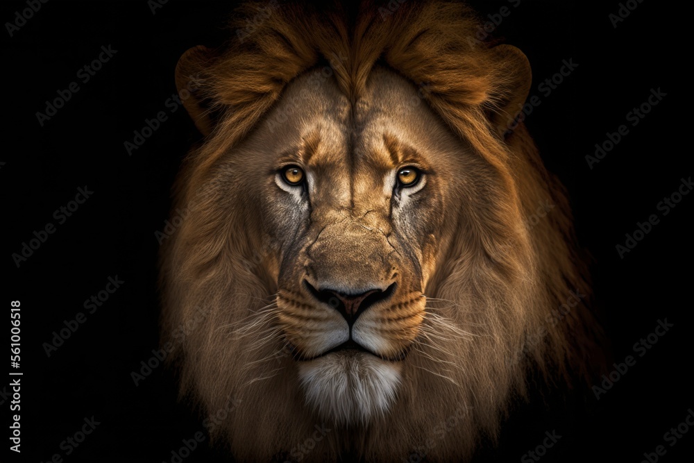 Lion Looks At You Isolated On Black Background Generative AI