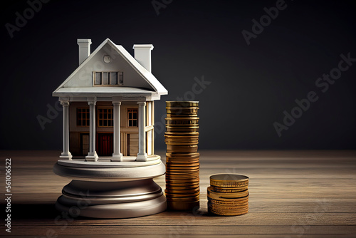 White house with golden coin stacks, male, female and gavel on concrete
