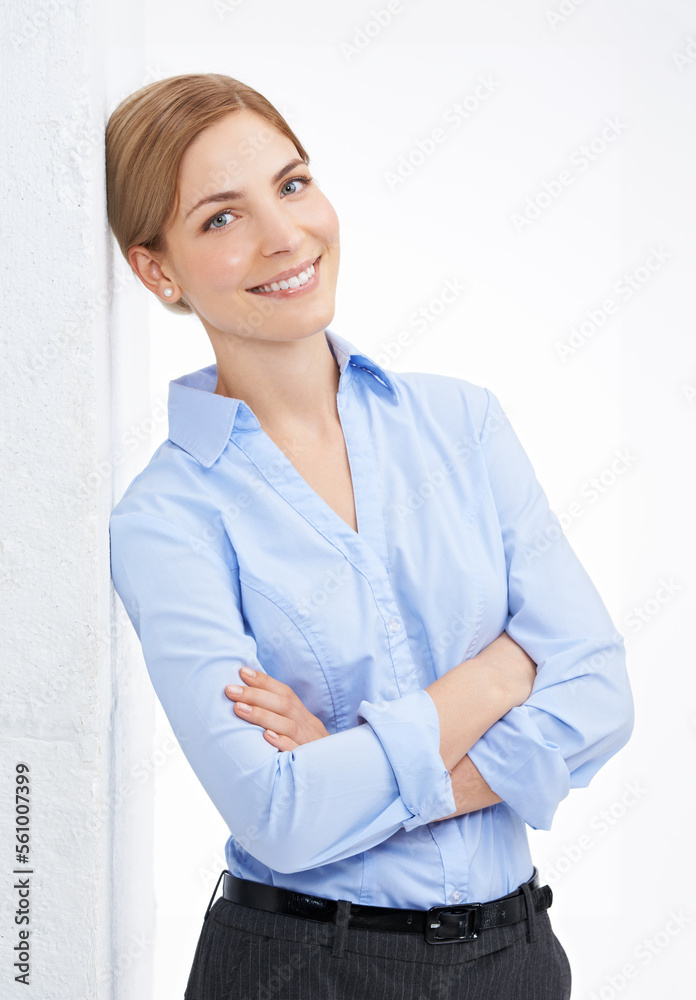 Arms crossed, pride and portrait of a business woman at work on a white background in studio. Smile, happy and executive corporate worker with confidence, happiness and success on a studio background Arms crossed, pride and portrait of a business woman at work on a white background in studio. Smile, happy and executive corporate worker with confidence, happiness and success on a studio background