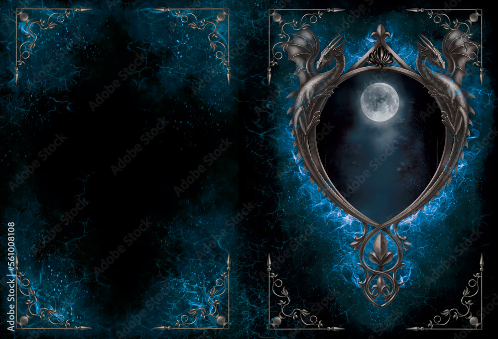 Fototapeta premium The Silver Fire Portal with Two Dragons. Hardcover Journal or Book Cover. Digital painting.