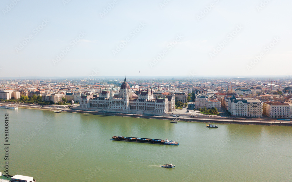 Beautiful landmarks and buildings in Budapest, Hungary. The hungarian parlament building and fishermans castle. Nice drone shots of the city.