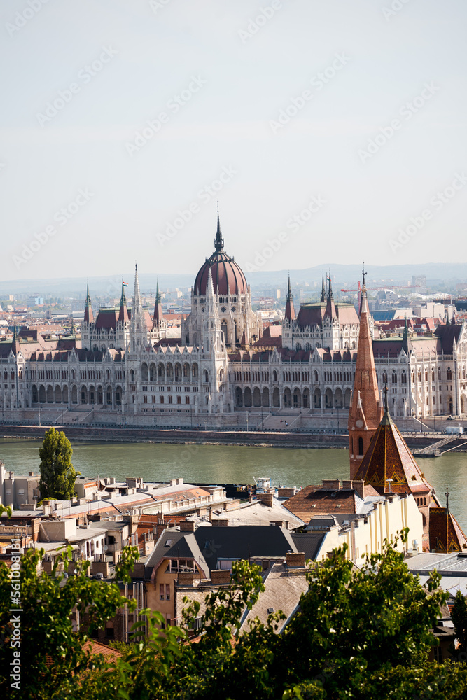 Beautiful landmarks and buildings in Budapest, Hungary. The hungarian parlament building and fishermans castle. Nice drone shots of the city.