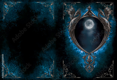 The Silver Fire Portal with Two Dragons. Hardcover Journal or Book Cover. Digital painting.