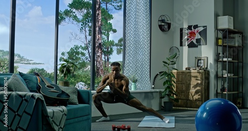 Strong Fit Handsome African American Male Doing Sports Exercises with Dumbbells at Home. Healthy Lifestyle. 