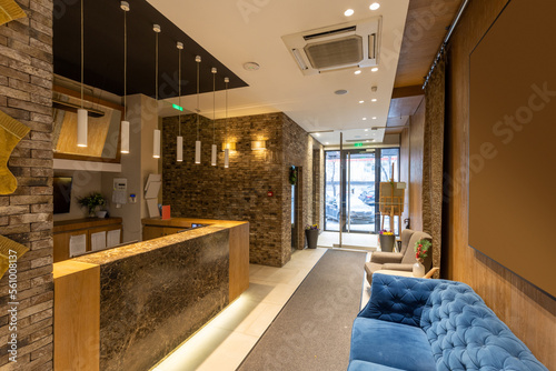 Hotel lobby with reception desk