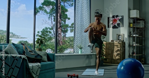  Strong Fit Handsome African American Male Doing Sports Exercises with Dumbbells at Home. Healthy Lifestyle. Healthy Active Lifestyle and Fitness in Sunny Apartment