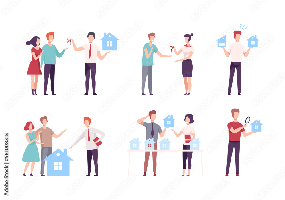 People buying or renting new house set. Real estate agent giving them key to the house flat vector illustration