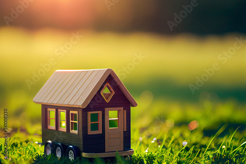 Closed up tiny home model on green grass with sunlight background