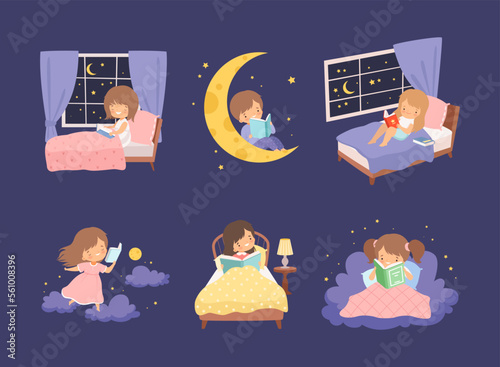 Cute kids reading books before sleeping set. Little girls and boys lying in bed with book at night cartoon
